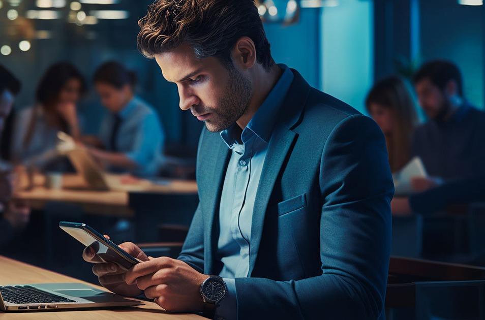 Man in a suit using a smartphone at a desk in a dimly lit office, with colleagues working in the background.
