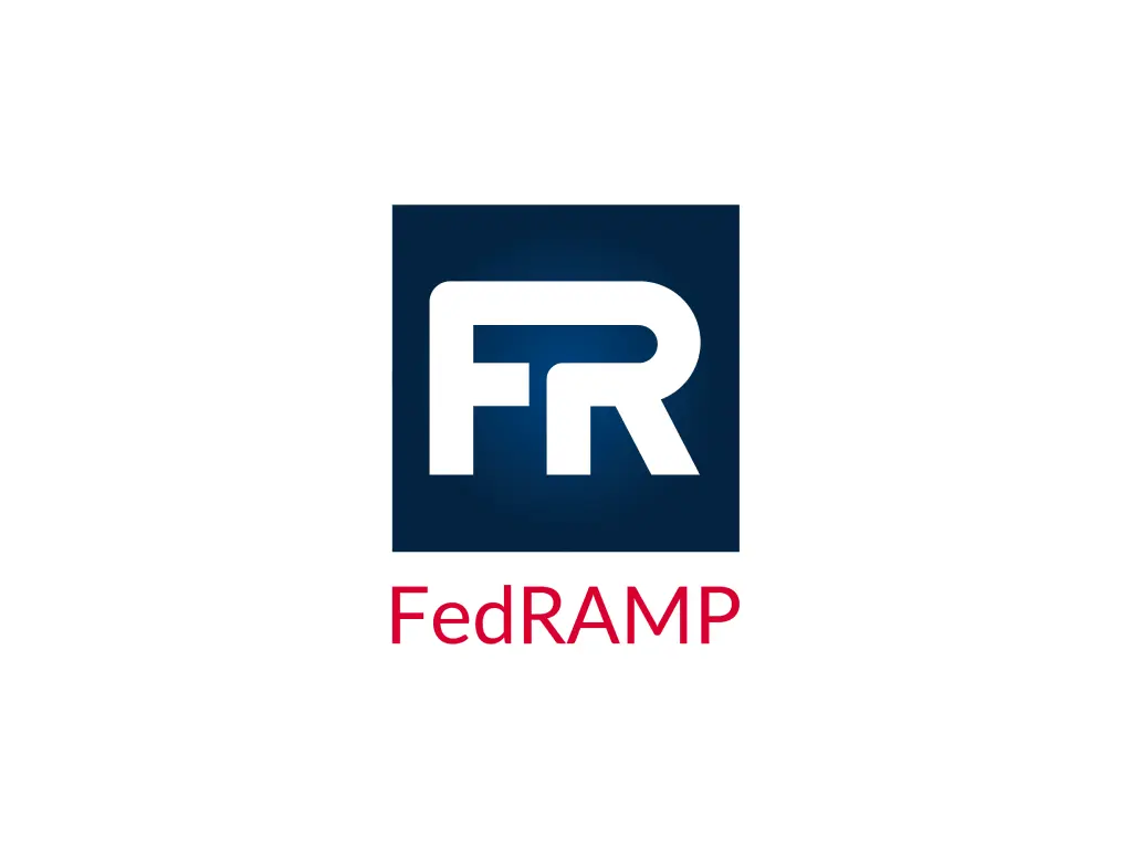 Illustration of FedRAMP logo, featuring a circular emblem with red and white curved lines above the word 'FedRAMP' in bold text, set against a black background.
