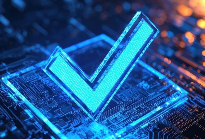 A blue checkmark over a digital circuit board, symbolizing technology approval or verification.
