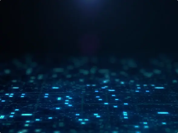 A digitally rendered scene featuring a grid-like pattern of glowing blue elements against a dark blue-to-black gradient background, suggesting a digital network or technological theme.
