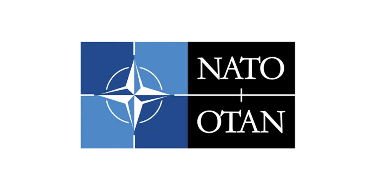 Illustration of the NATO logo, featuring a stylized compass rose in blue and white, with the acronyms NATO and OTAN in white text on a black background, symbolizing international alliance and direction.