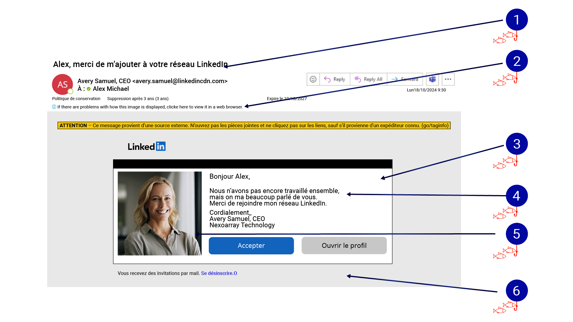 Figure 13b : Drapeaux rouges à surveiller dans un courriel de phishing.